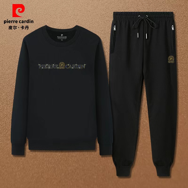 皮尔卡丹秋冬新款男士圆领时尚烫钻长袖休闲卫衣套装男装大码显瘦