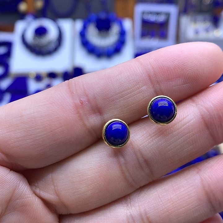 青金石耳钉银S925镀金镶嵌