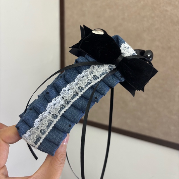 【蓝波点褶皱香蕉夹】13公分密齿蕾丝飘带发夹丝绒蝴蝶结复古Z034