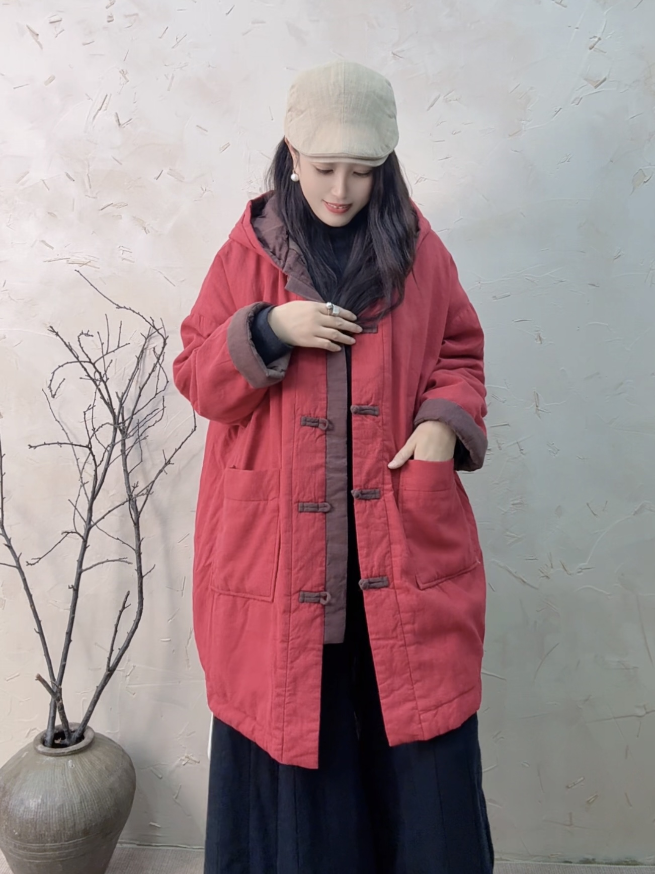 2025新款国风新中式冬装中长款棉衣女盘扣亚麻保暖加厚连帽棉服