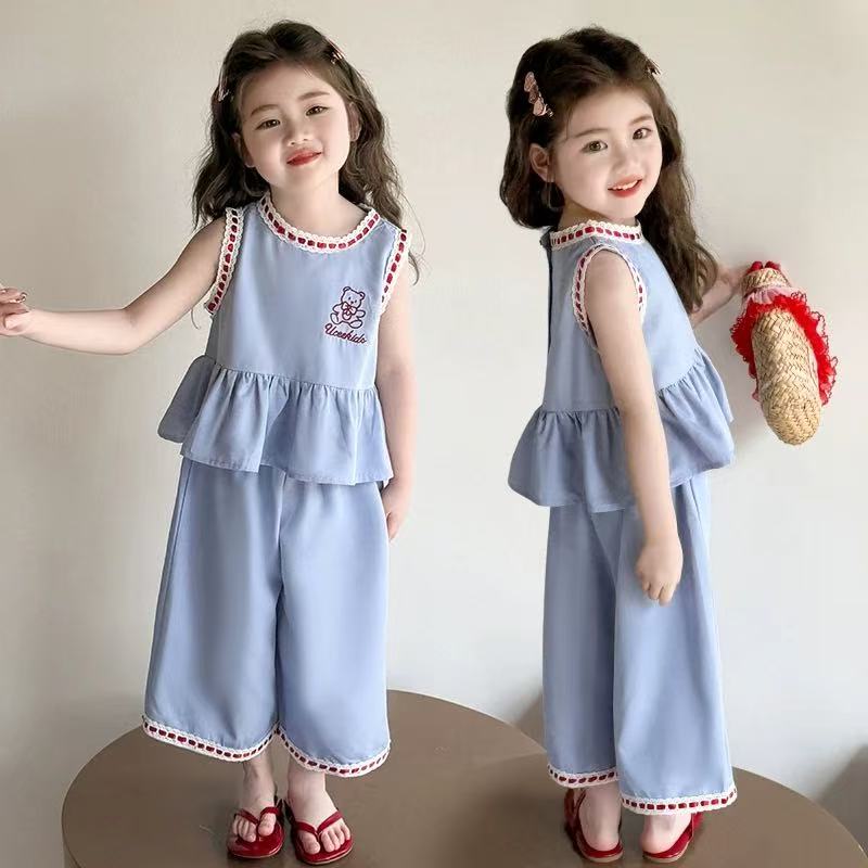 A-Y617女童夏套装超好看小女孩套装女宝夏季小熊花边蓝色两件套