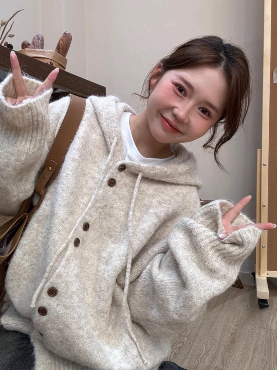 女连帽毛针织衫连帽针织衫春秋百搭毛衣开衫