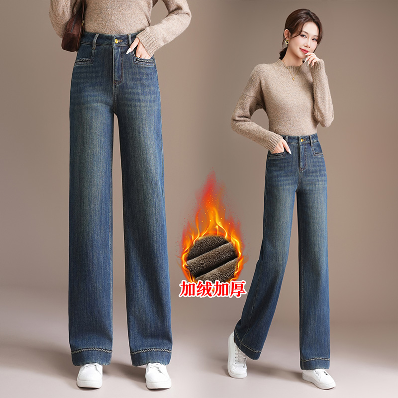 牛仔裤加绒加厚秋冬新款窄版中高腰直筒阔腿裤显瘦绣花长裤女6229
