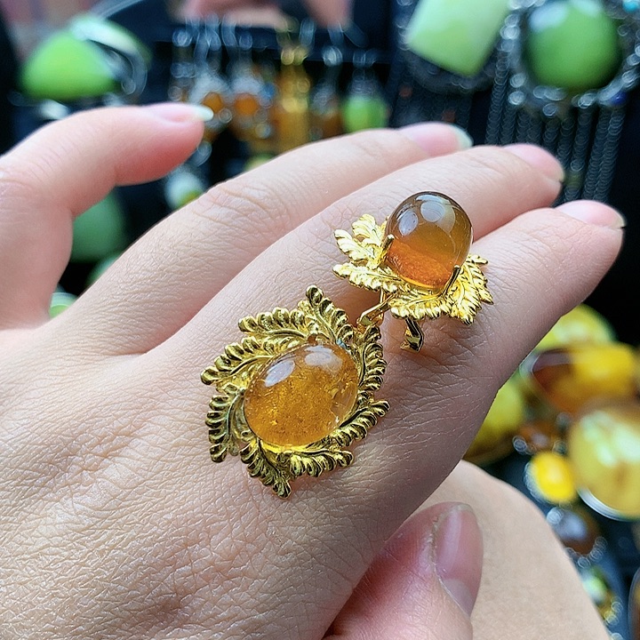 琥珀裸石银S925镶嵌耳坠