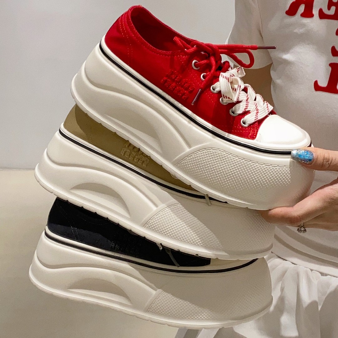 夏季薄款透气增高松糕小个子大头丑萌面包运动板鞋厚底帆布鞋女款