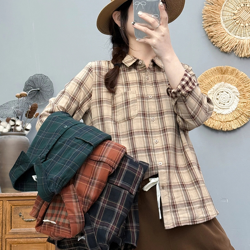 双层棉纱格子衬衫2025春秋装减龄衬衣气质开衫上衣时尚女装85207