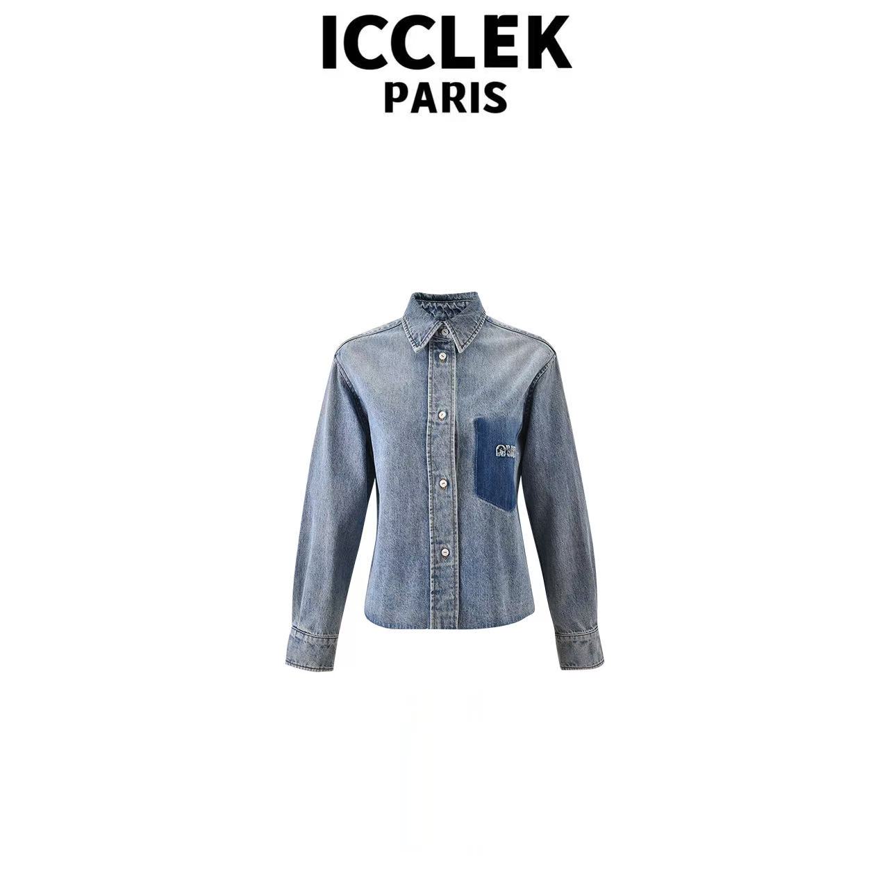 ICCLEK 蓝色翻领牛仔短设计感外套休闲外套 - 1005