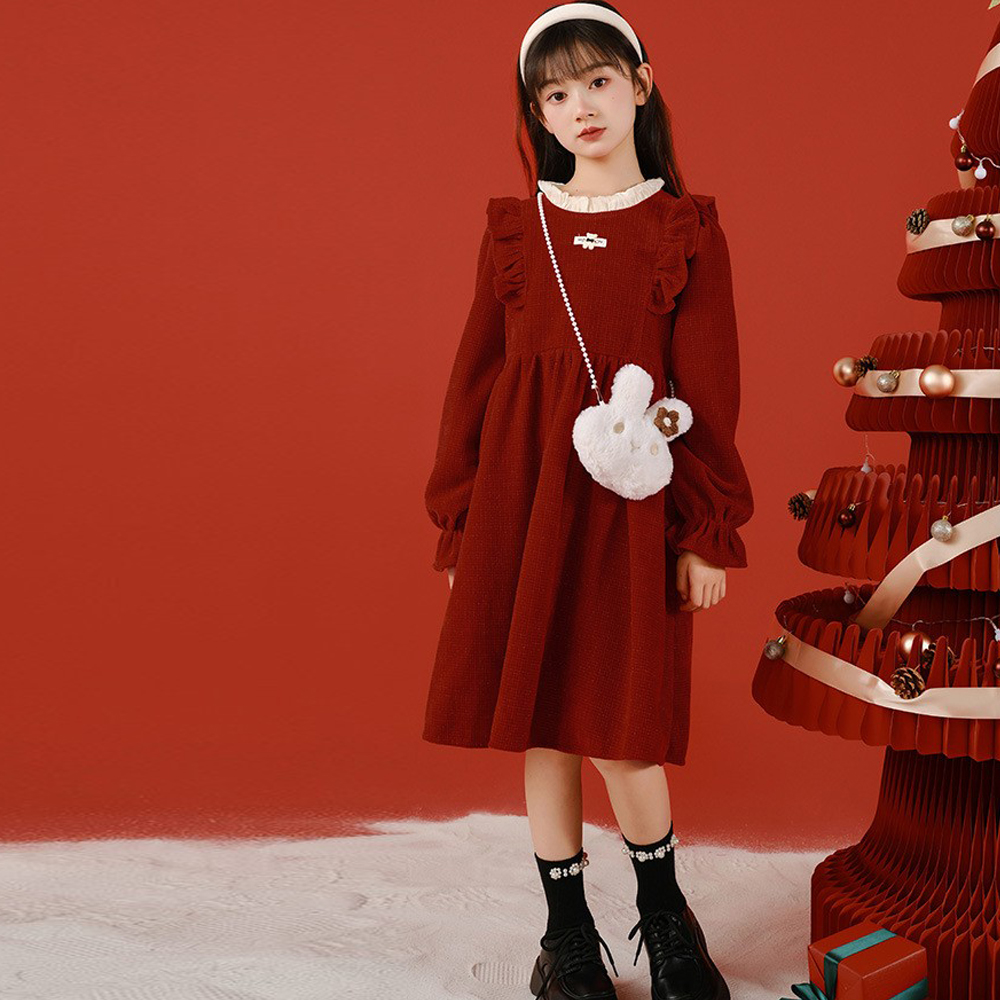 女童连衣裙加绒加厚2025秋冬新款洋气中大童宽松拜年服红色公主裙