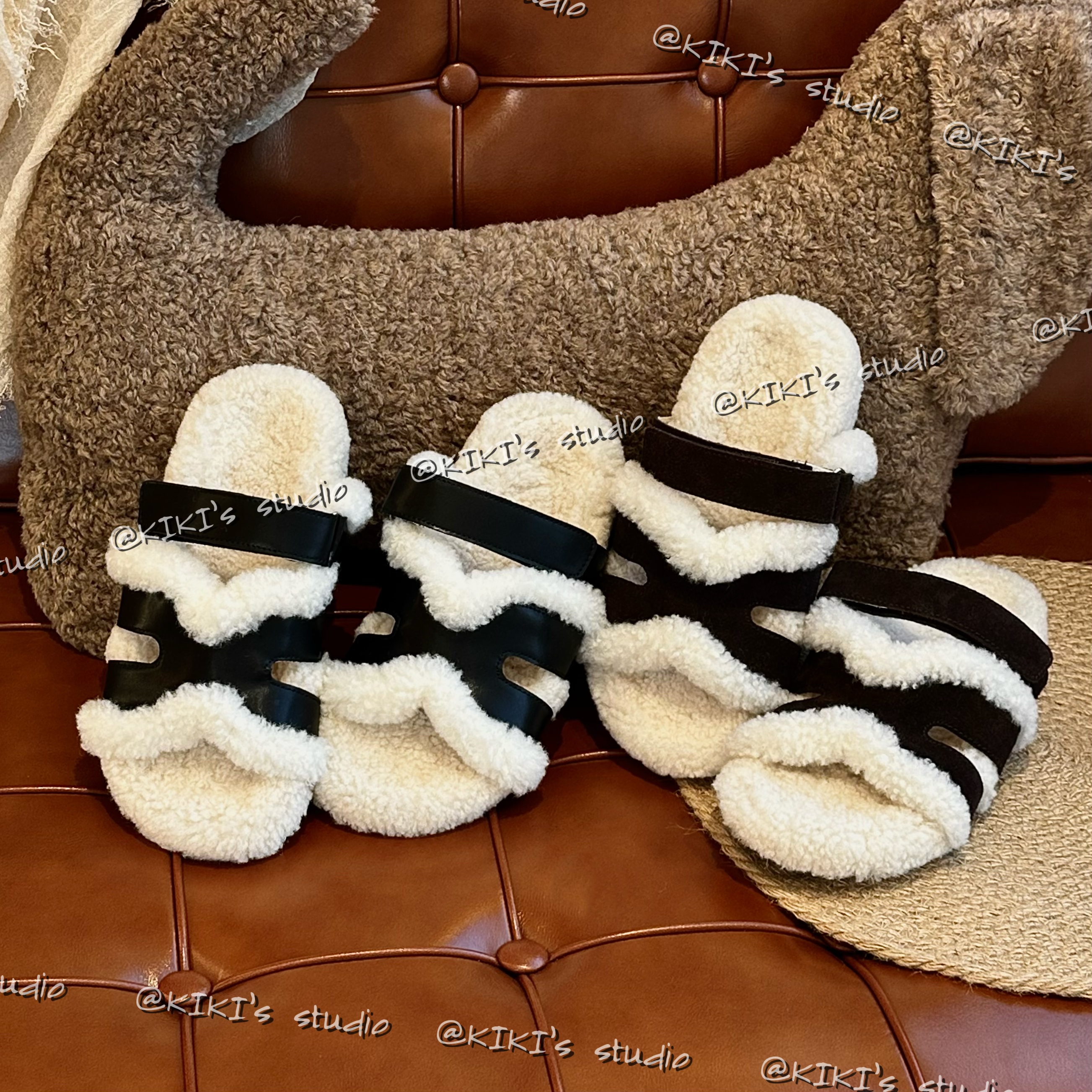 ‘艾玛庄园’3公分｜外穿秋季露趾毛毛一字拖日常平底舒适保暖拖鞋