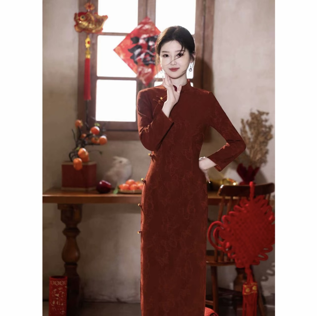 【福蝶】冬季长款加绒款日常气质复古喜妈妈喜宴新年订婚国风旗袍裙