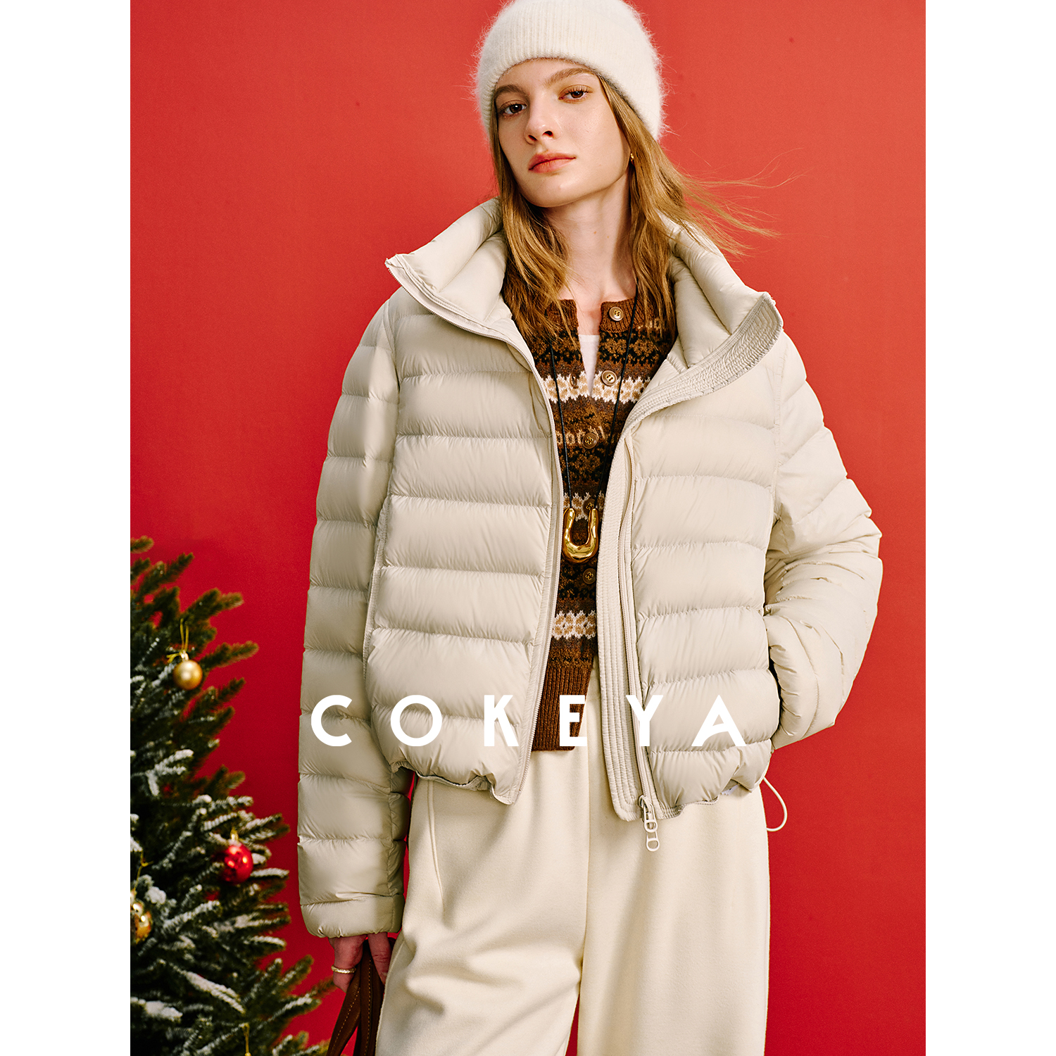 COKEYA/“排骨羽绒”90白鹅绒轻薄立领短款粉色羽绒服外套女冬季