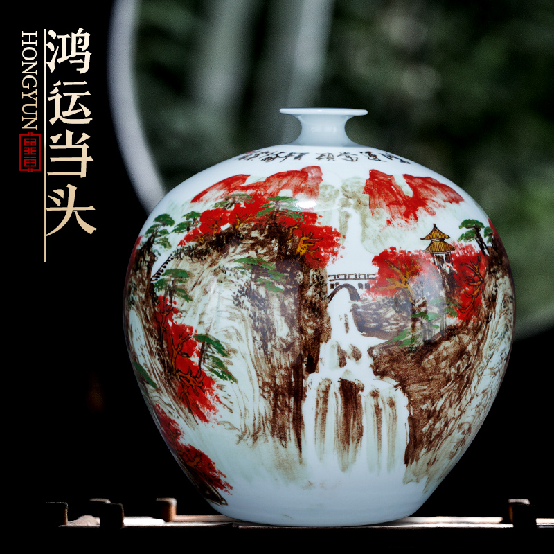 鸿运当头景德镇陶瓷器大师手绘花瓶插花客厅电视柜装饰摆件石榴瓶