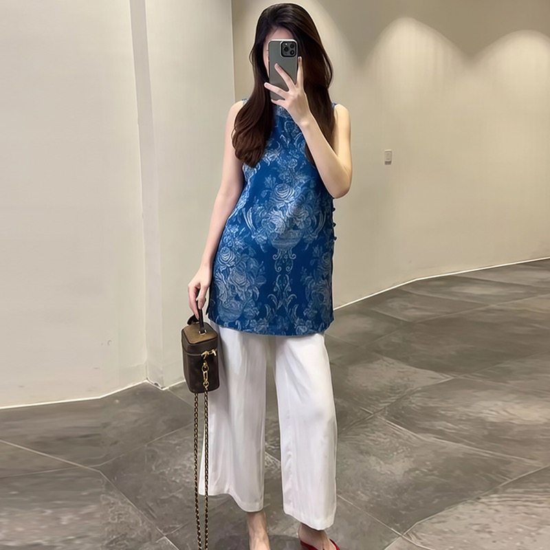 国风设计感潮流套装女2025夏季新款无袖上衣阔腿长裤两件套
