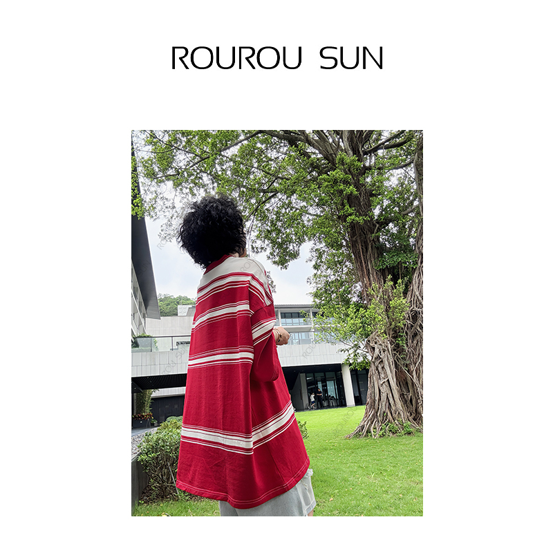 27092美式复古条纹短袖T恤女宽松休闲圆领半袖衫上衣