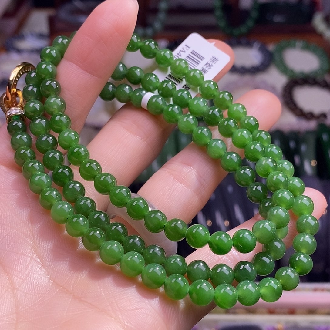 颈饰未镶嵌和田玉碧玉老坑料辣绿6mm长链