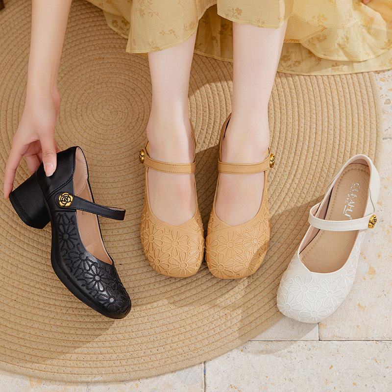 25017新款春秋真皮绣花妈妈鞋粗跟单鞋女防滑软底中老年百搭女鞋
