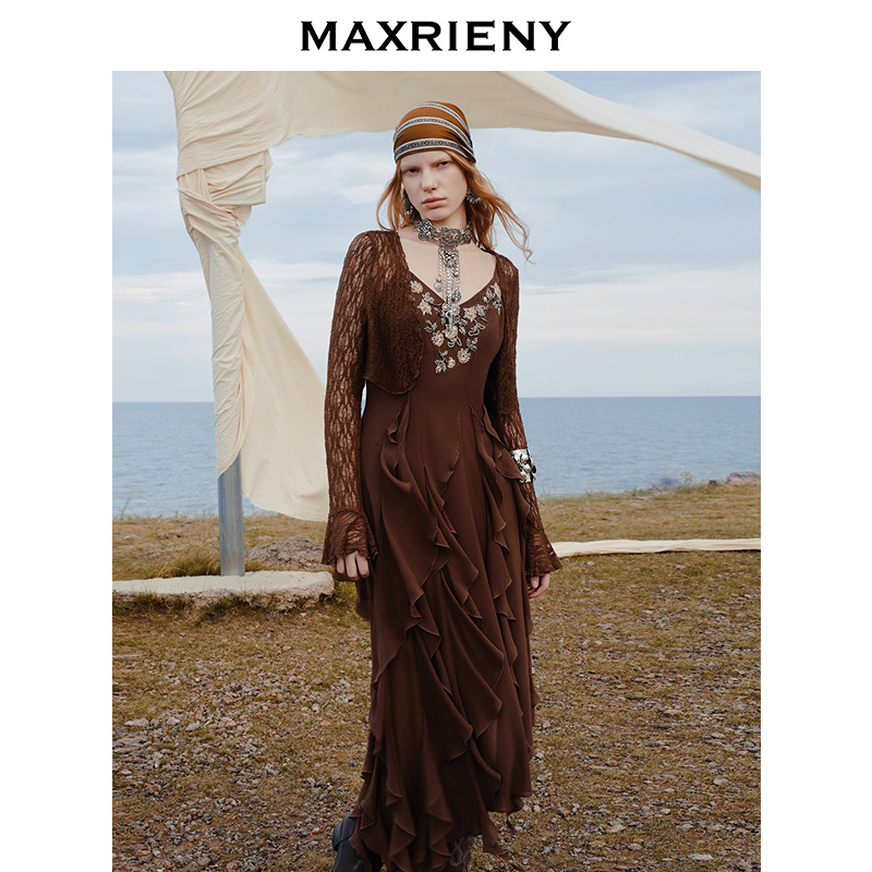 【力力淘专属】MAXRIENY沙丘落日裙废土风穿搭V领收腰连衣裙25秋