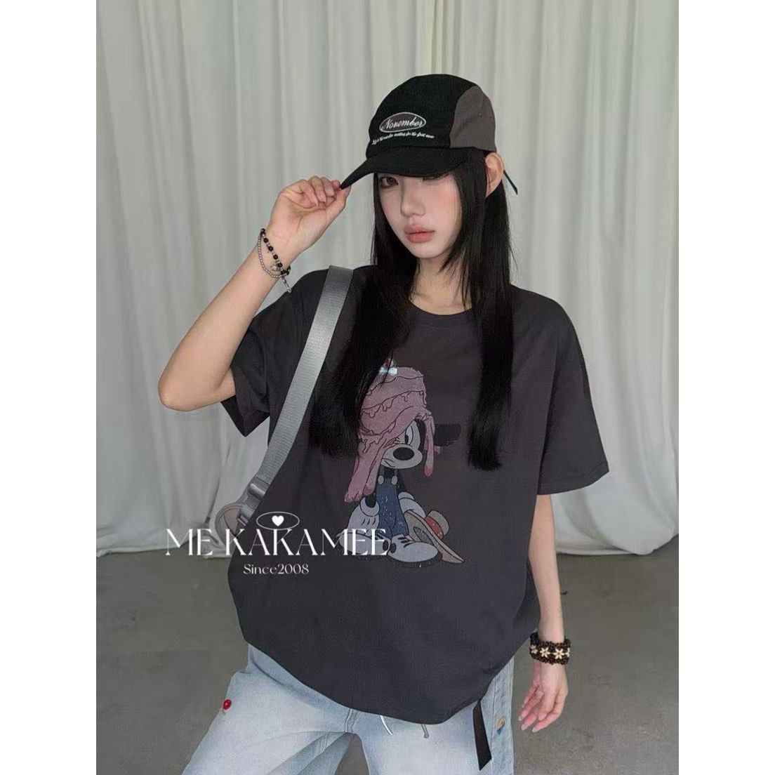 爱唯依（F）-帽子米奇Tee！卡通印花宽松圆领T恤（KA9336#）KAKAME