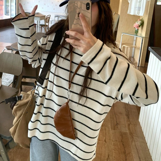 【运补4-6】韩版条纹情侣款宽松保暖长袖磨绒拼袖打底衫女装