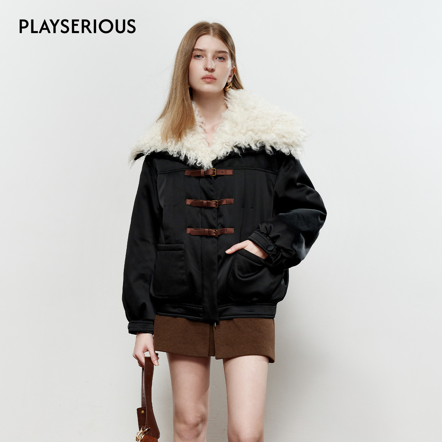 ROCHA ROMMA 2025秋季新款可拆卸毛领缎面羽绒服女大翻领厚外套