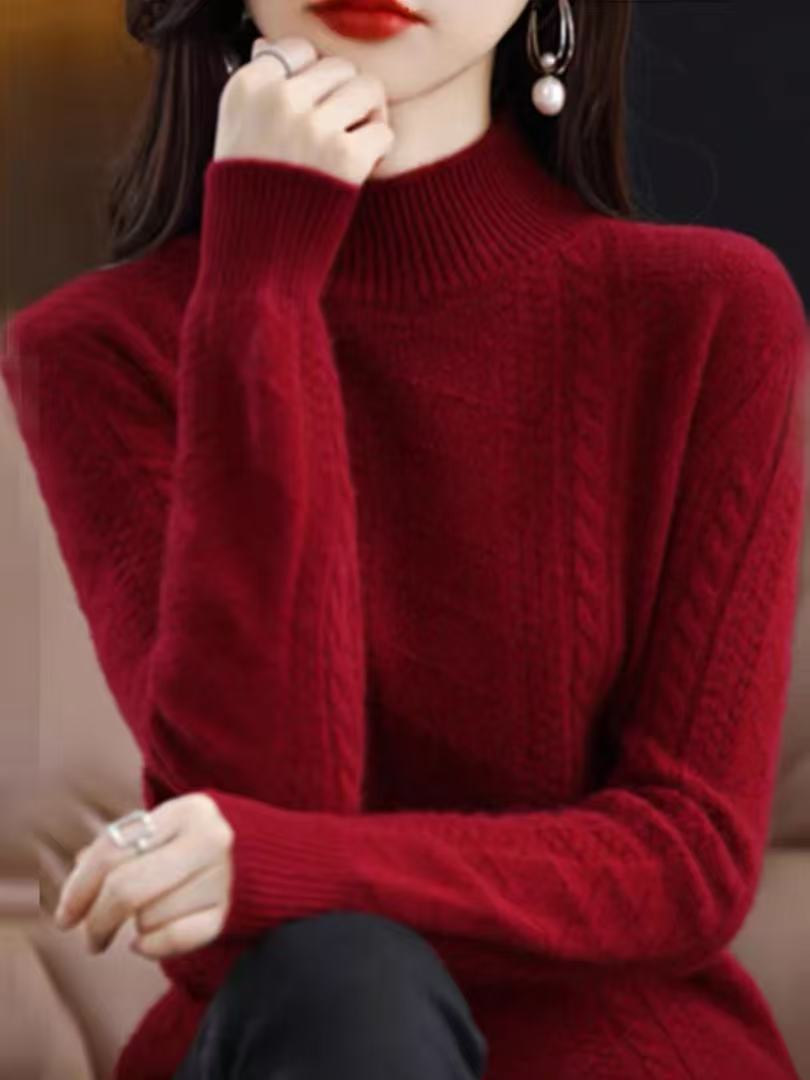 鄂尔多斯市产100纯羊绒衫女针织打底大码宽松半高领毛衣加厚保暖