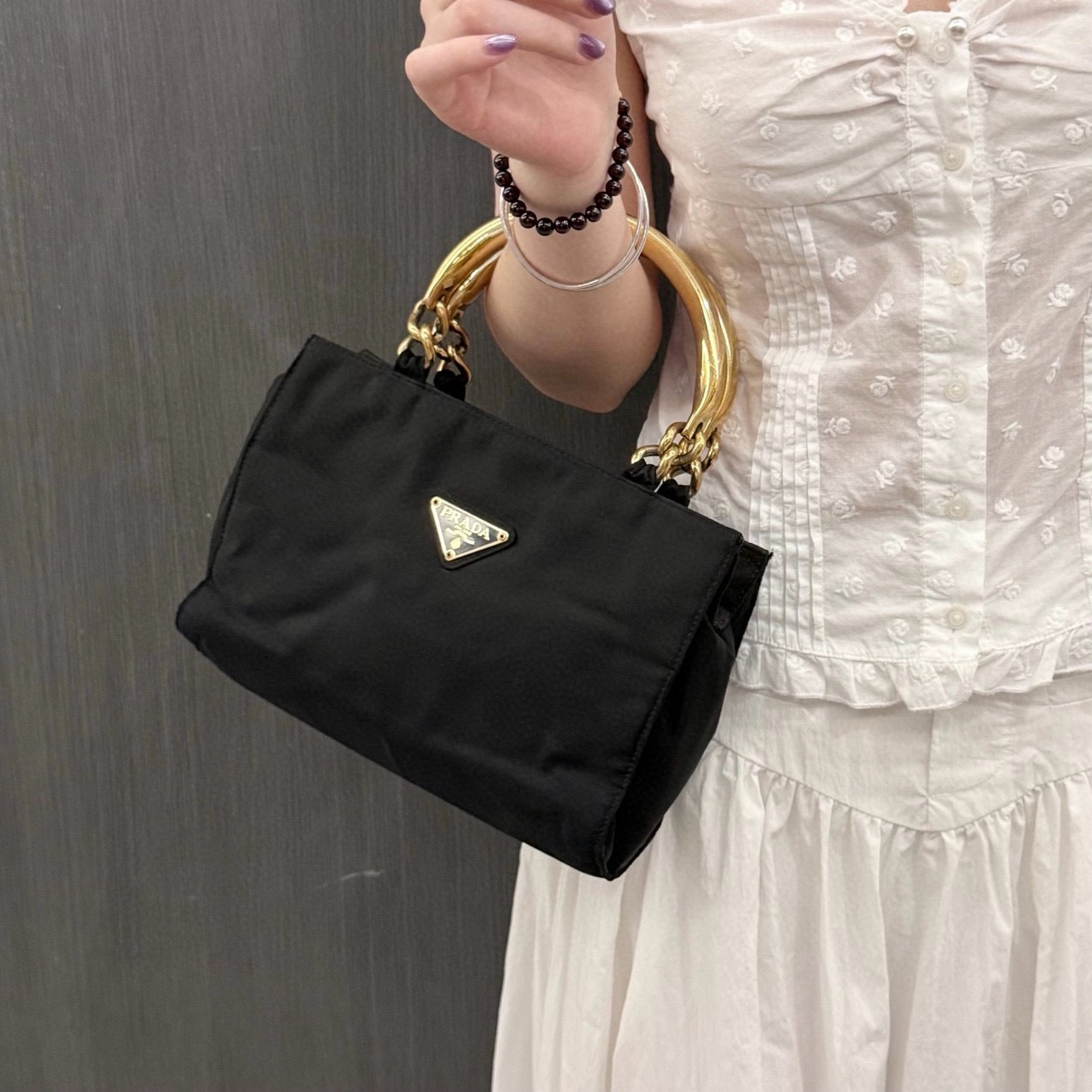 95新 Prada/普拉达 prada 黑金小号手提包