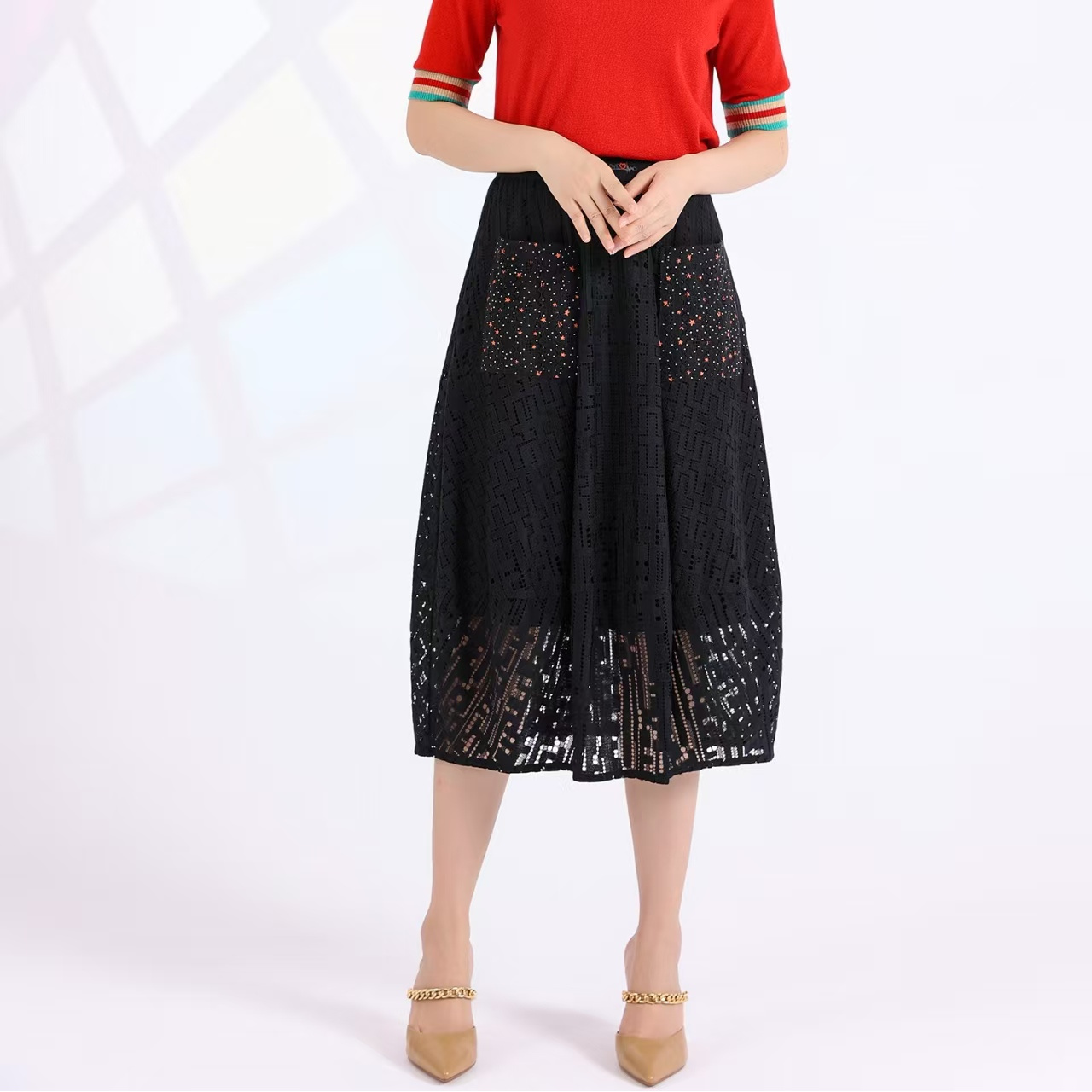 811772 A货早秋镂空花纹灯笼半裙