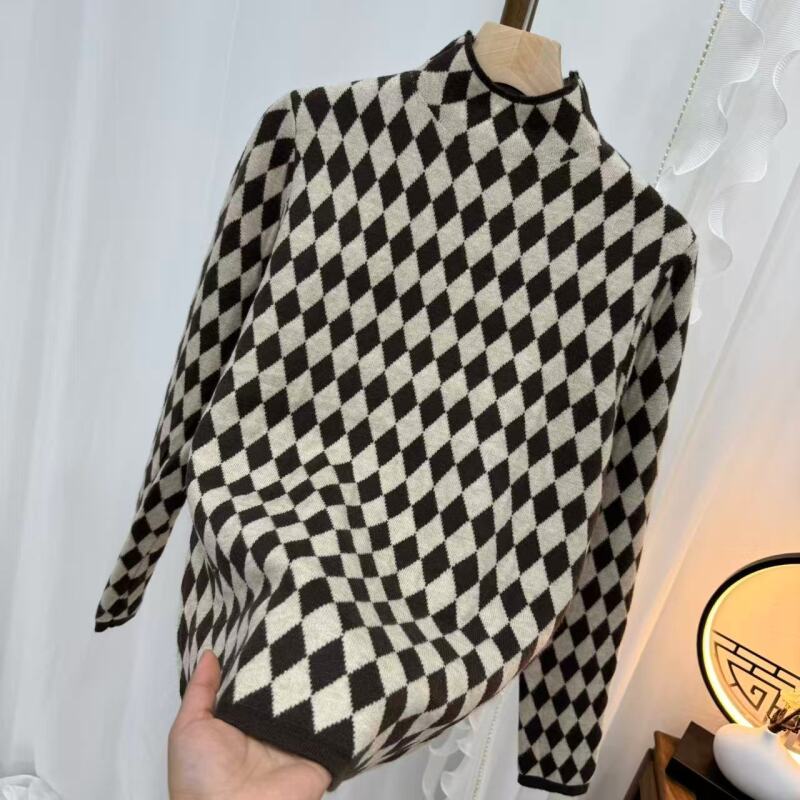 【黑白菱形格套头】轻薄早秋款针织衫