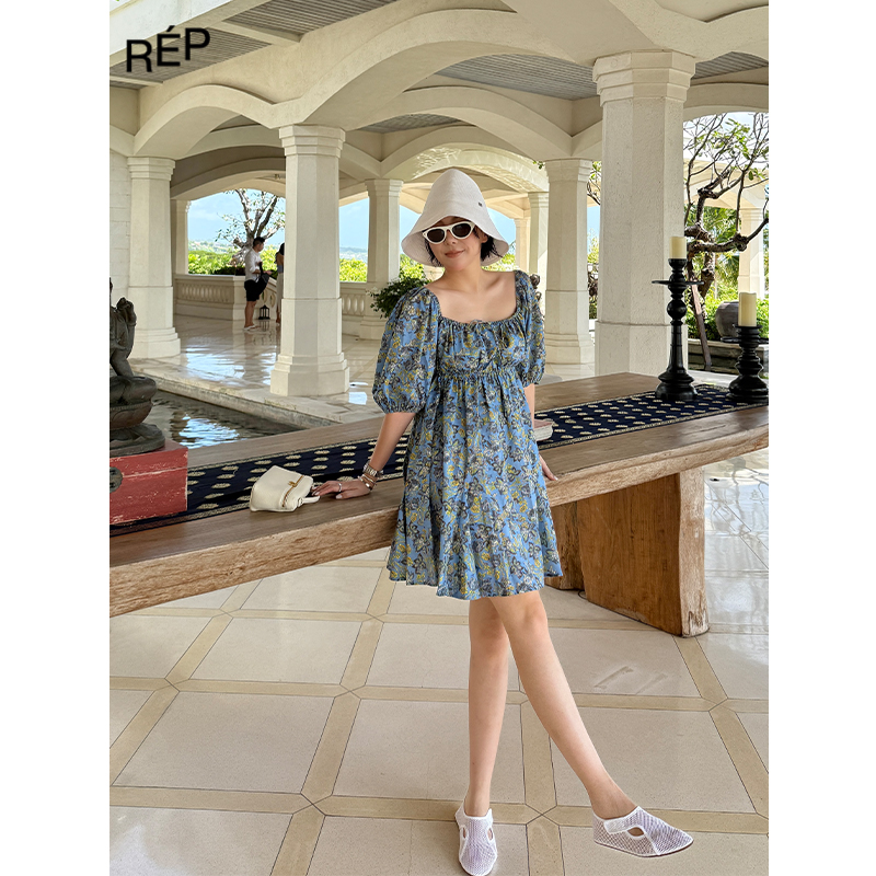  REP-COEMES设计师黄蓝绿叶方领系带泡泡袖连衣裙 25JULY PACKAGE