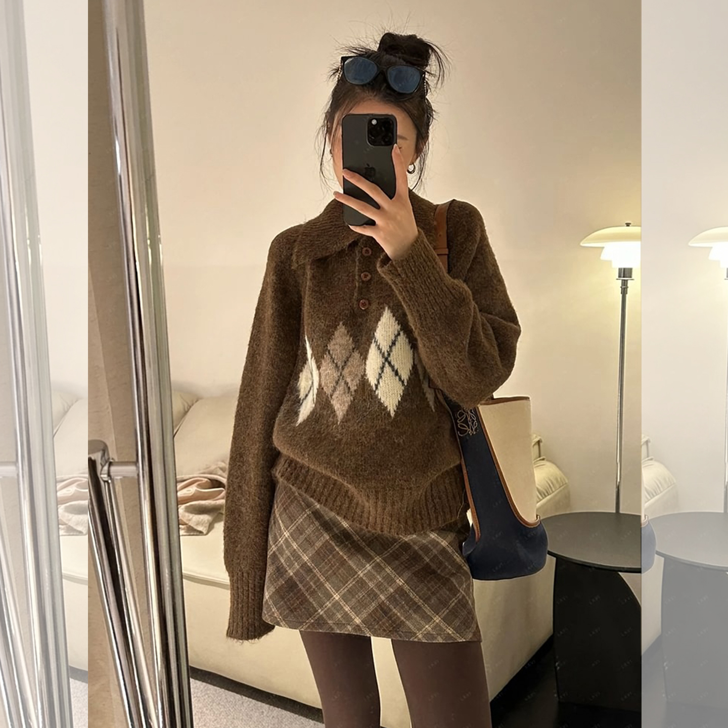 复古咖色Polo领长袖针织衫女2025秋冬新款宽松慵懒风套头毛衣上衣