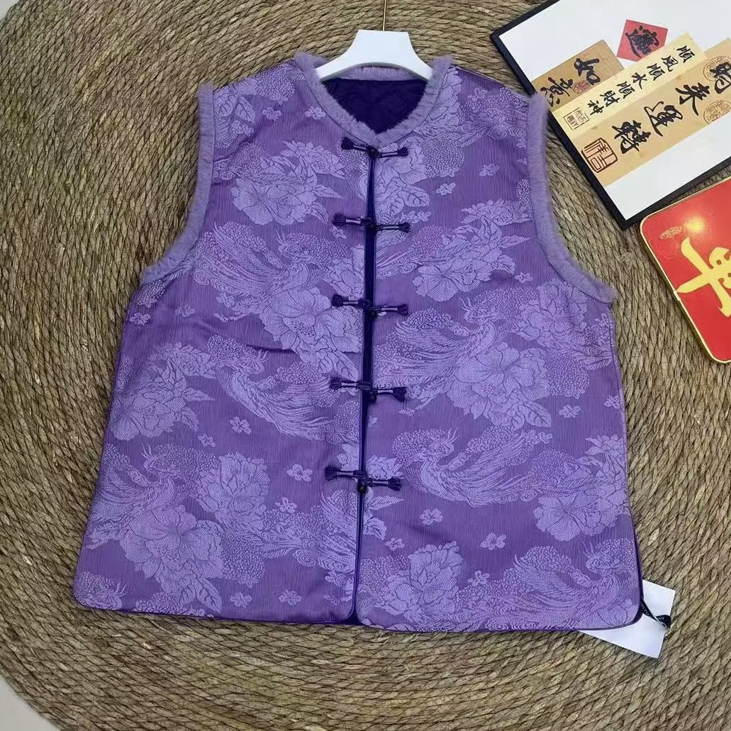 女提花冬季棉马夹紫蝶盘扣中式马甲唐装新中式立领