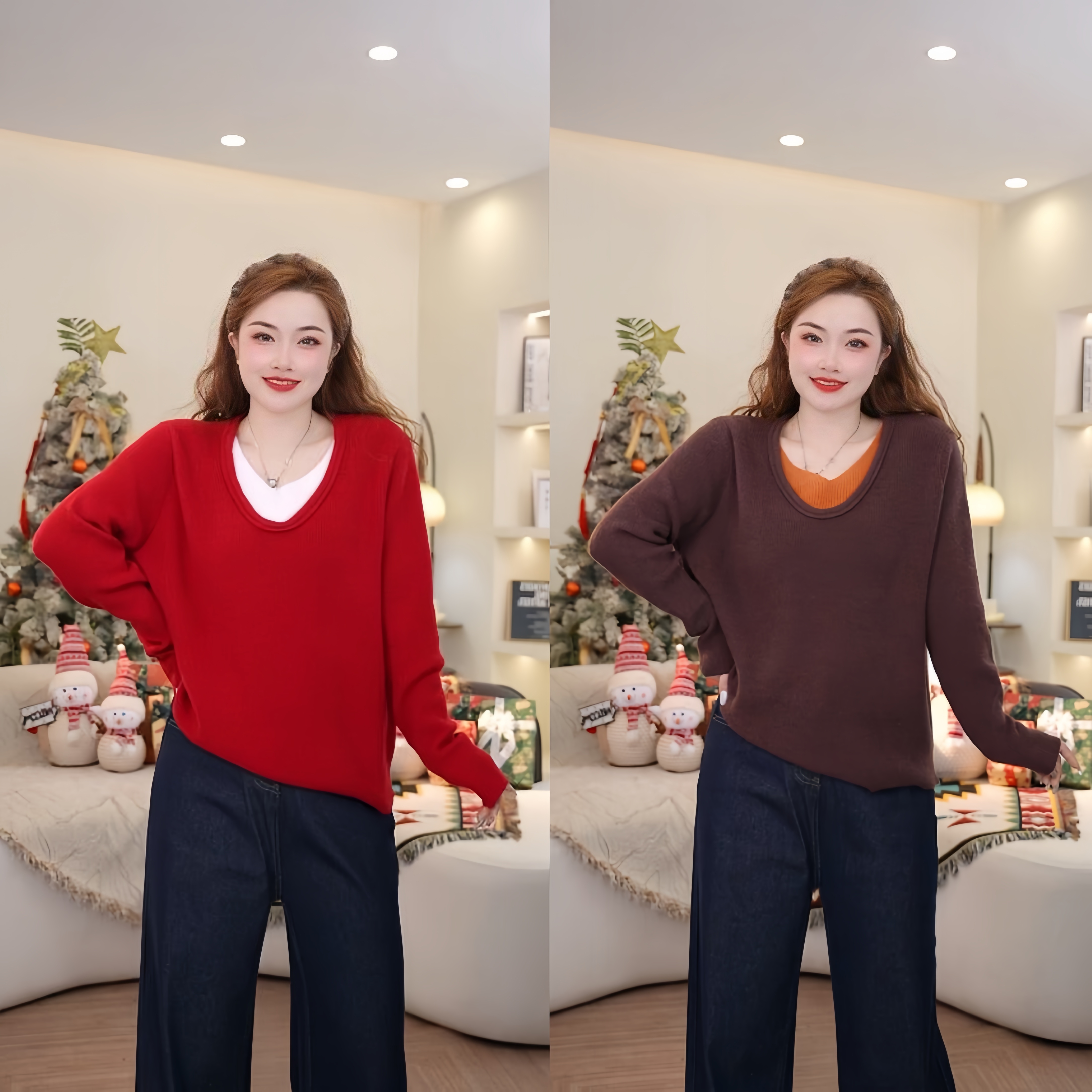 梦丞大码女装显瘦百搭假两件针织毛衣长袖打底衫上衣V圆领百搭