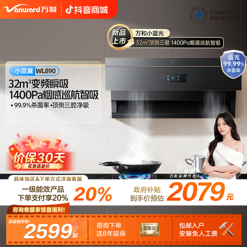 【政府补贴】万和小双翼蓝光油烟机顶侧双吸吸力32m³杀菌变频WL890
