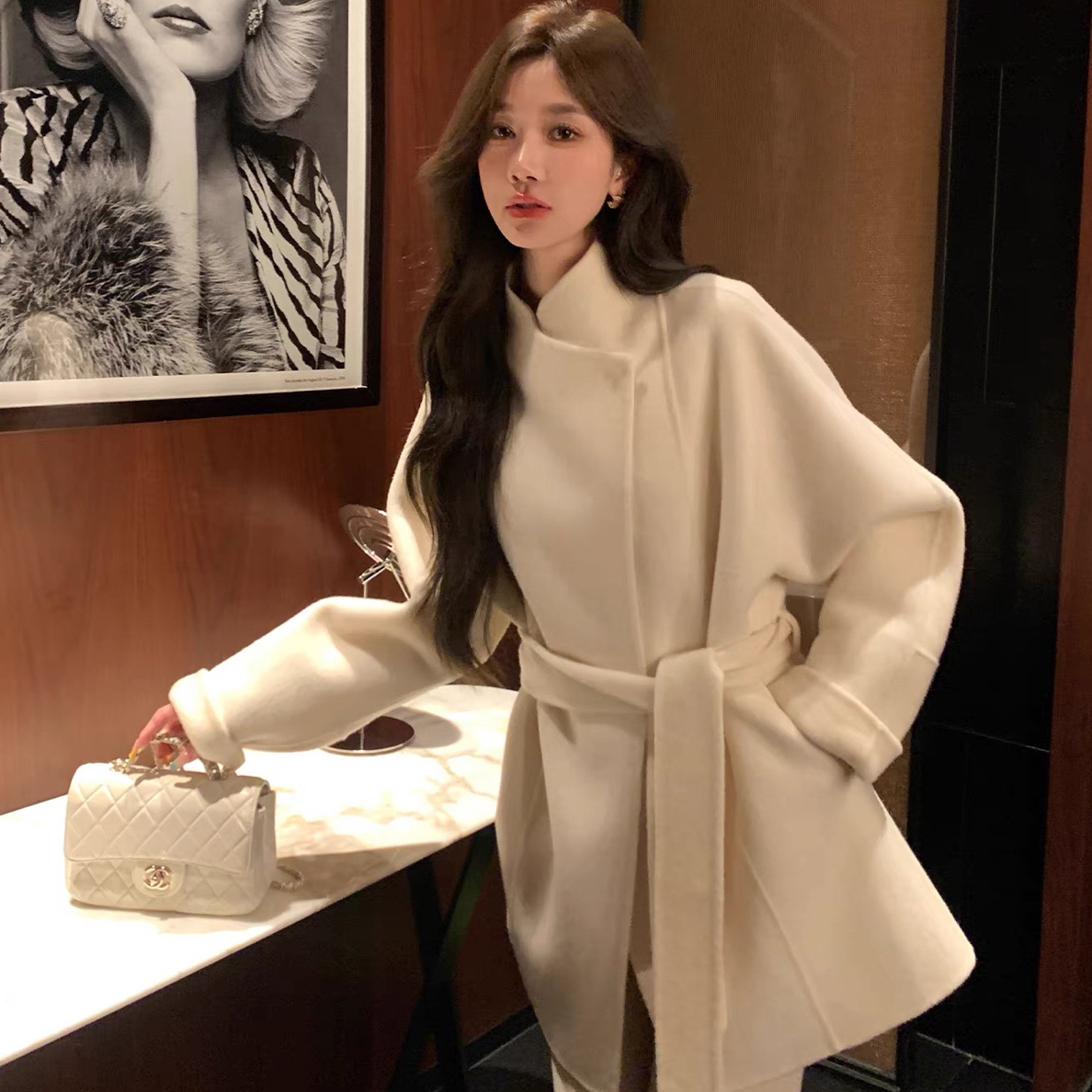 双面大衣秋冬新款立领系带韩系高级感气质毛呢外套女