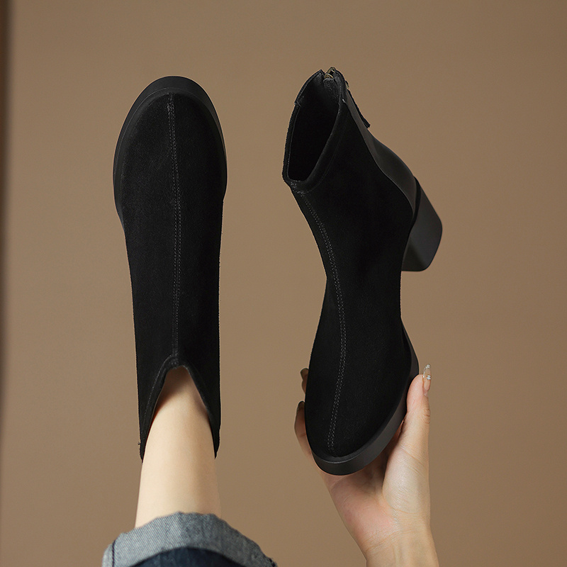 徐先生 牛反皮/跟高5cm/尺码34-43中跟靴粗跟好走路单靴加绒棉靴