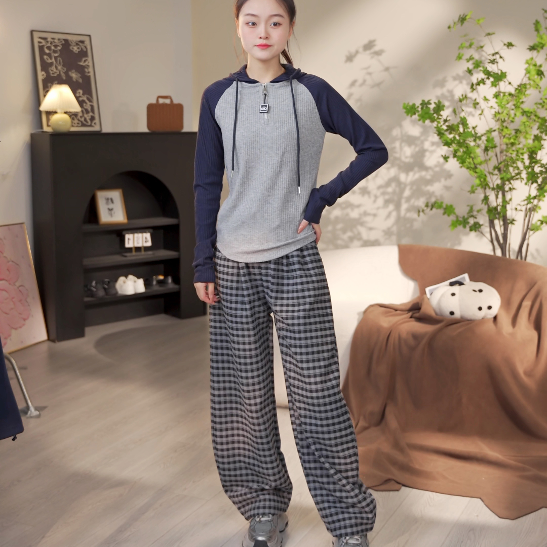 【涵妈推荐】女大童秋款拼色插肩上衣格子裤两件套初中生大码套装秋