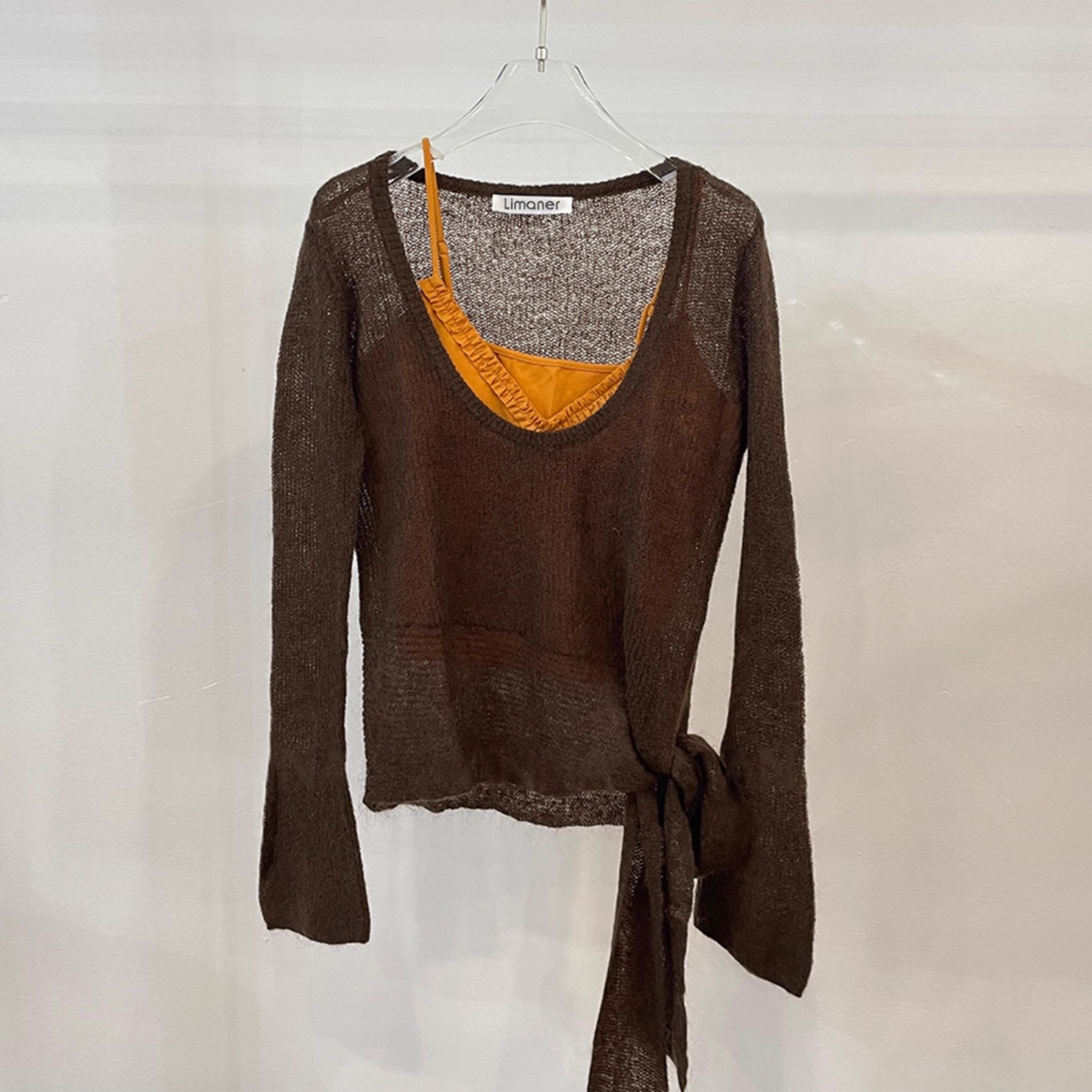 小众2025秋季新款低领两件套薄款喇叭袖上衣打结毛针织衫休闲女