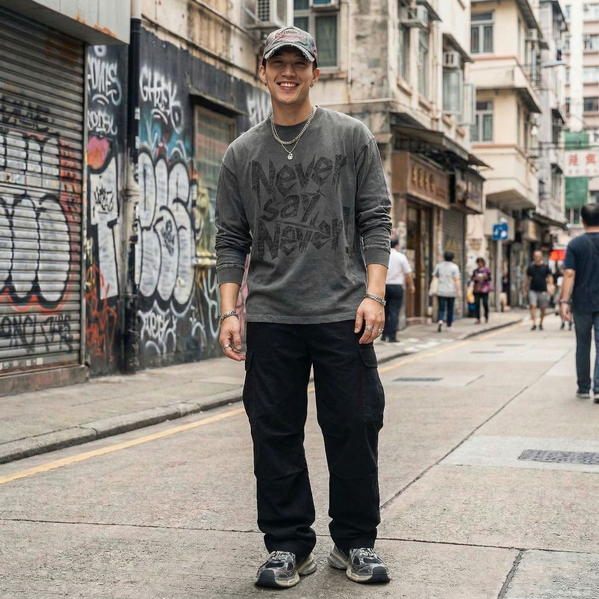 【 灰长袖 never say never】280克 宽松   双纱棉 长袖 男士T恤