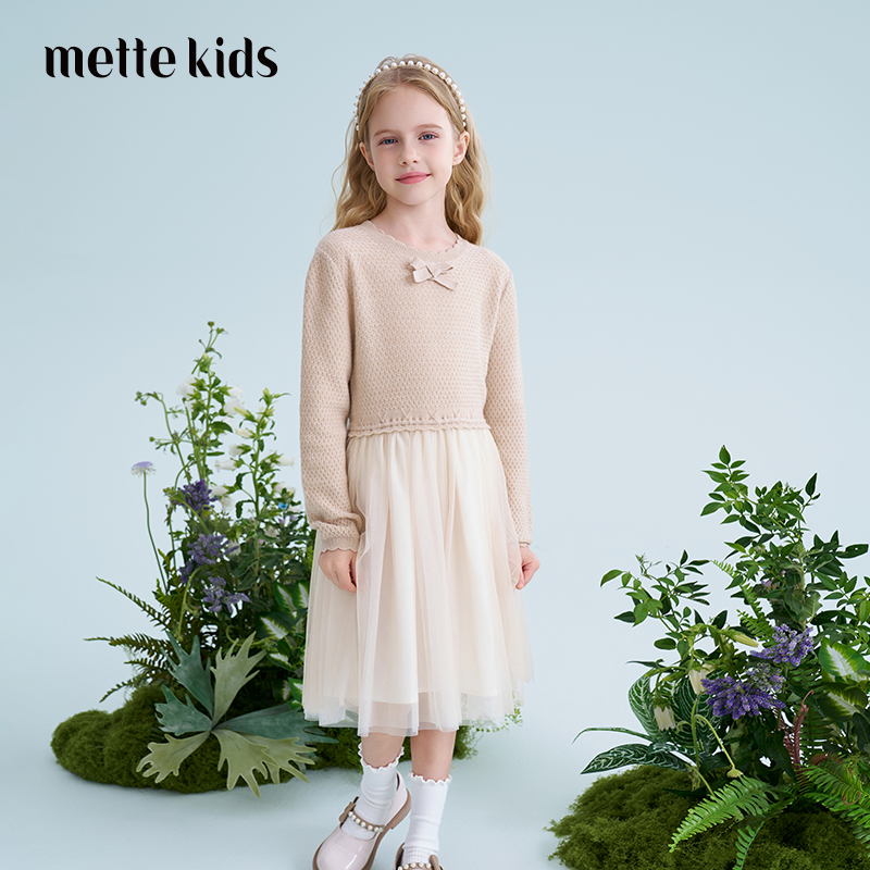 mettekids儿童羊毛连衣裙2025春季新款女童针织网纱公主裙子童装