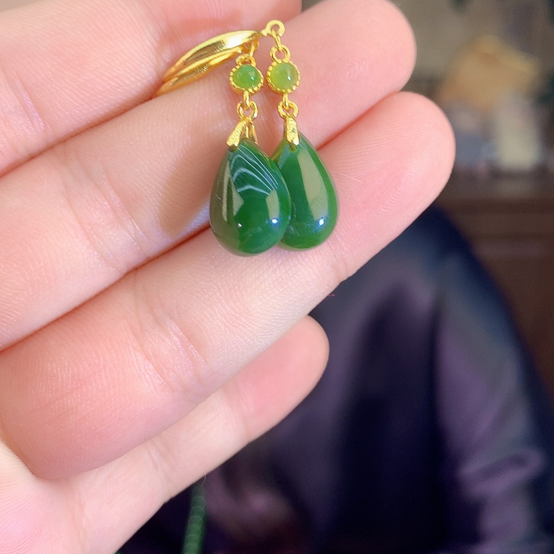 吊坠(不含链)银S925镶嵌和田玉（碧玉）耳饰