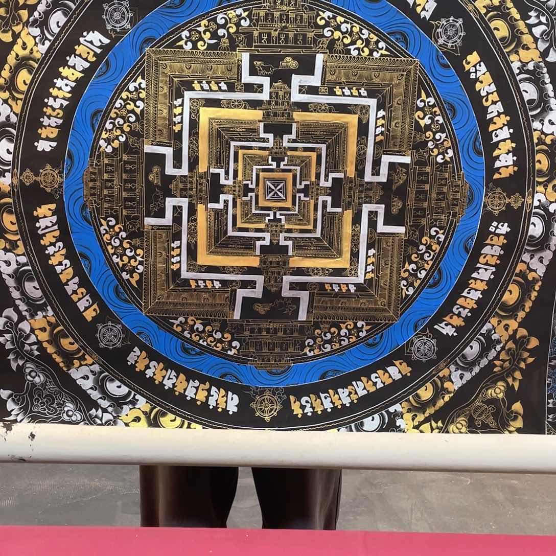 装裱画100×100纯手绘黑金十轮坛城