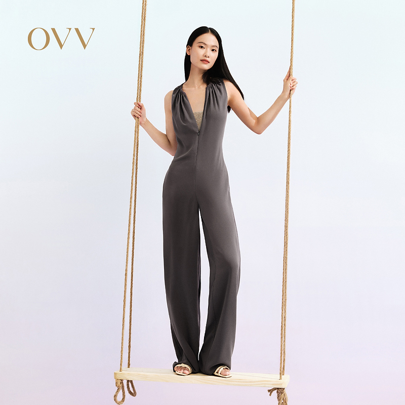 OVV春夏新款女装醋酸混纺舒适透气收腰无袖挂脖垂坠连体裤