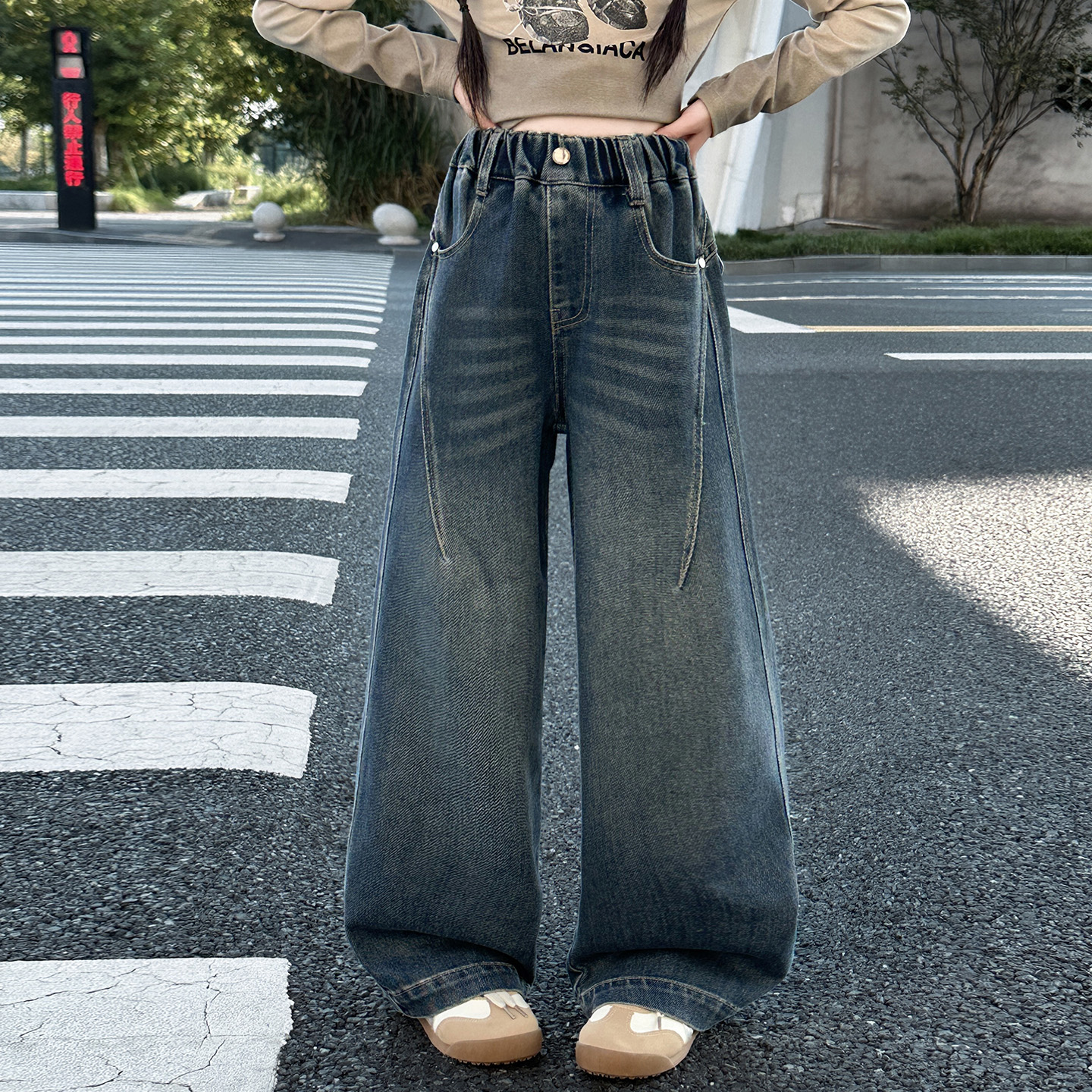 【嘻嘻柚】女童春秋款袋盖牛仔阔腿裤2025新款韩版休闲松紧腰直筒裤