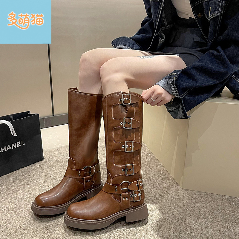 家西部牛仔靴子女长筒靴2025新款棕色皮带扣时装靴骑士靴