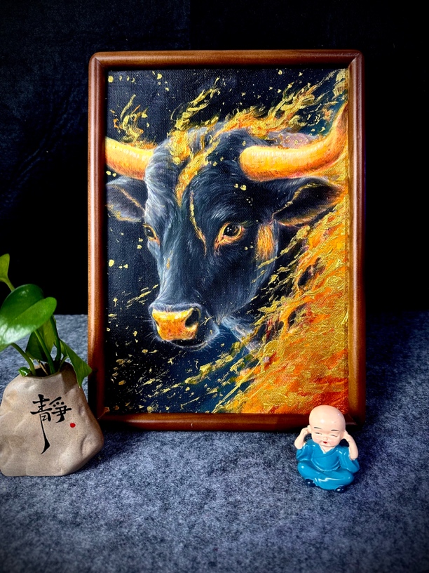 创意黑金版金牛相框客厅桌面摆台装饰画