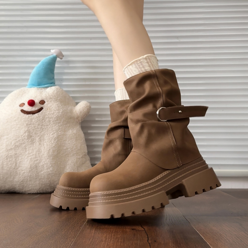 厚底中筒马丁靴女款2025新款春秋季增高裤管靴英伦风美拉德短靴子