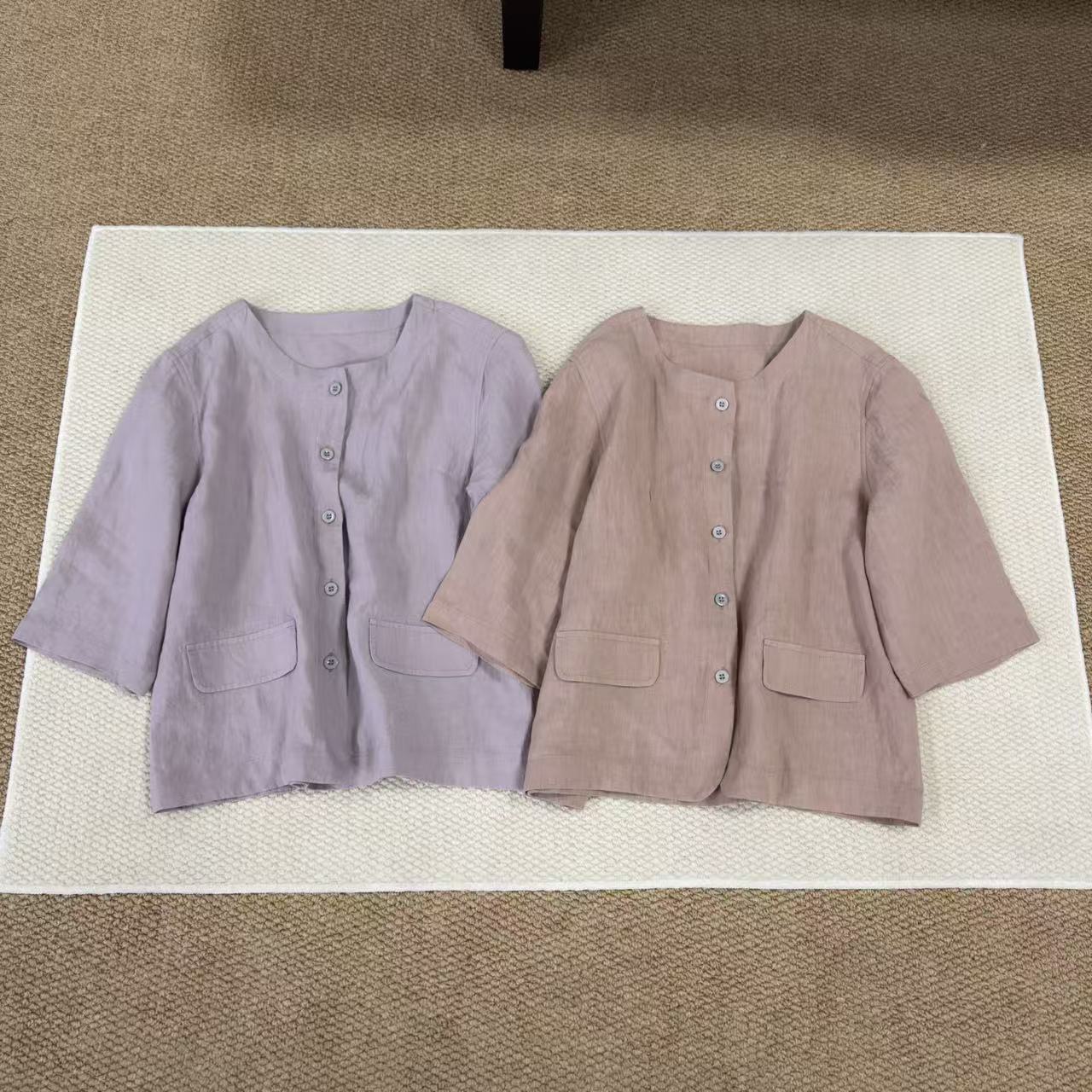 【左耳与麻】必冲植物染~夏款双雨露汉麻七分袖小开衫外套女26120