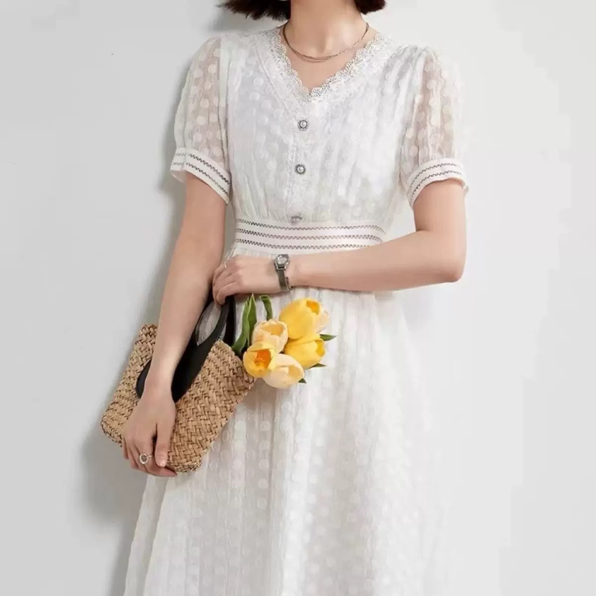 [H1210白色连衣裙]女士时尚气约潮拼接裙子春秋色牛ssss