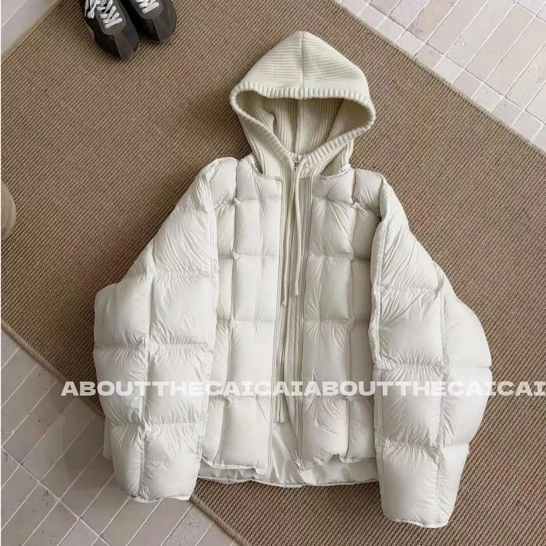 2025冬季新款时尚气质云朵泡关连帽长袖假两件棉服外套女