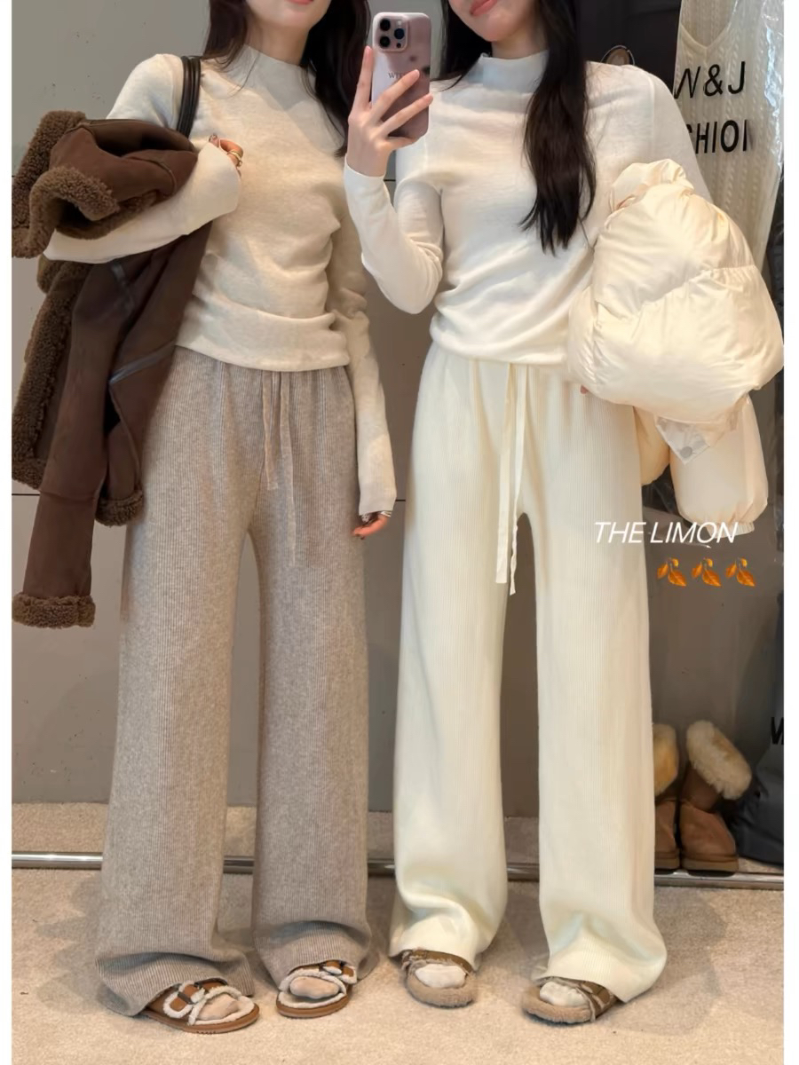 #3398软糯针织阔腿裤女糯米裤子宽松显瘦垂感奶奶裤慵懒卫裤